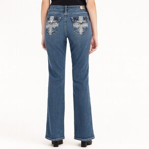 Y2K Women's Blue Jeans with Bling Embroidered Pockets with flaws